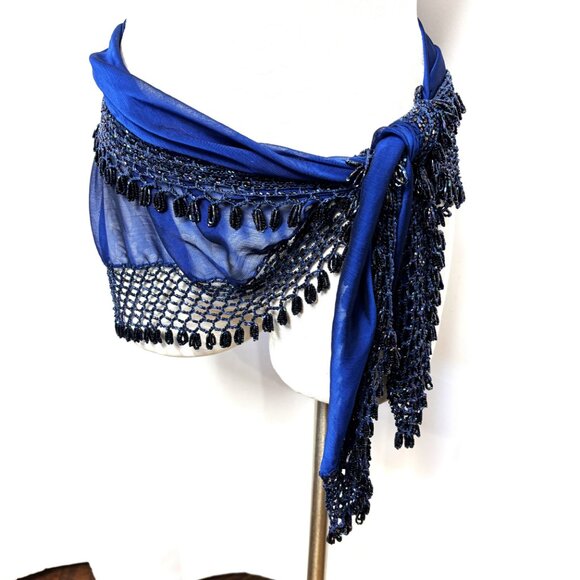 Beaded Royal Blue Sheer Triangle Shawl Scarf 37” x 37” x 61” - Picture 10 of 13